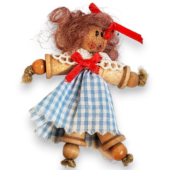 Handmade Other - Handmade Wooden Spool and String Doll 3" Gingham Dress Lace Shawl Bows Red Hair